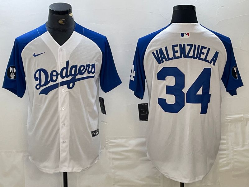 Men Los Angeles Dodgers 34 Valenzuela White blue Fashion Nike Game MLB Jersey style 1